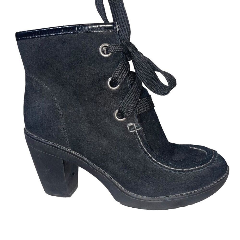 R2 black suede bootie ankle boot lace up block heel SZ 7.5  chunky heel witchy